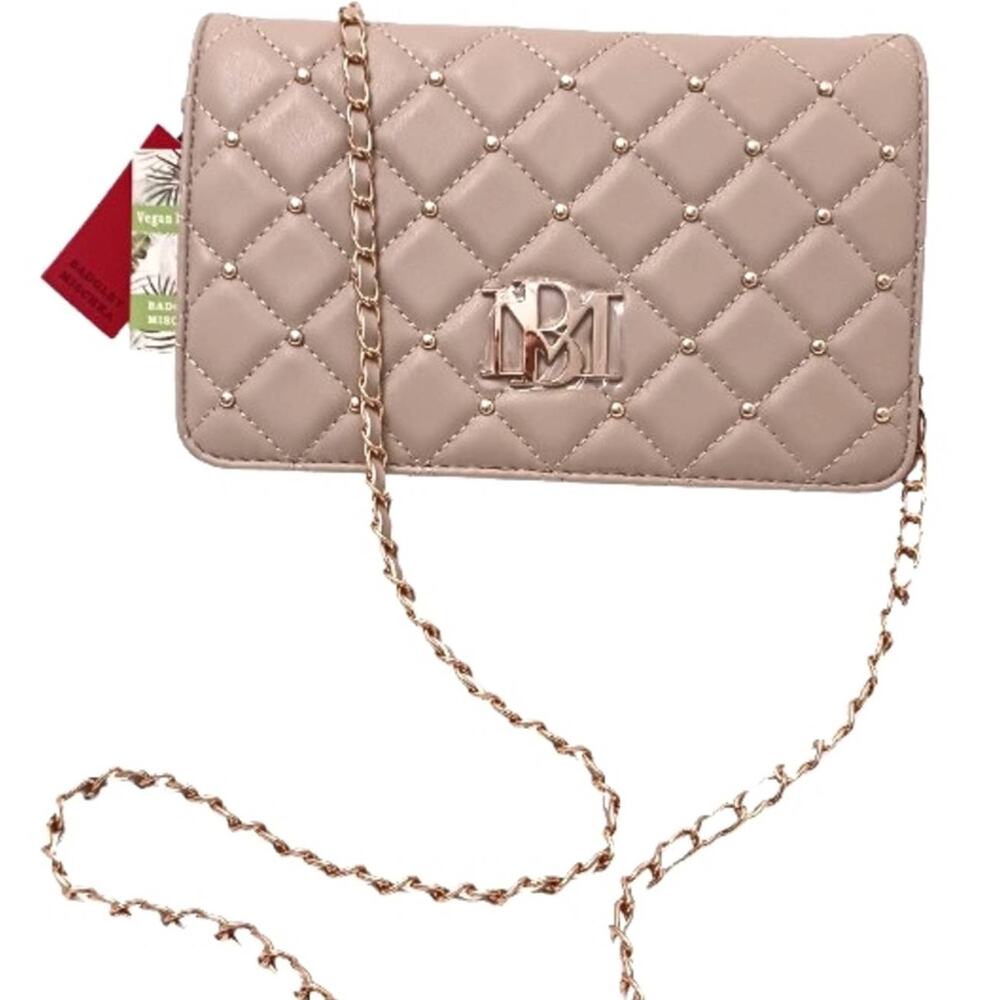 Badgley Mischka Beige Crossbody‎ Diamond Quilted Braided Chainstrap Elegant Chic